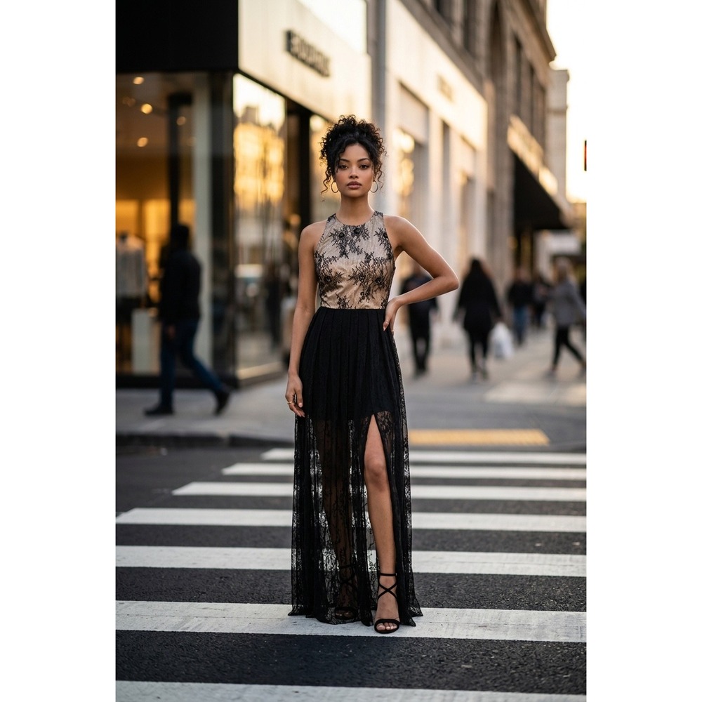 JS Collection Black Lace Maxi Dress‎ Sheer Skirt High Slit Racerback Cutout Gown - Picture 2 of 10